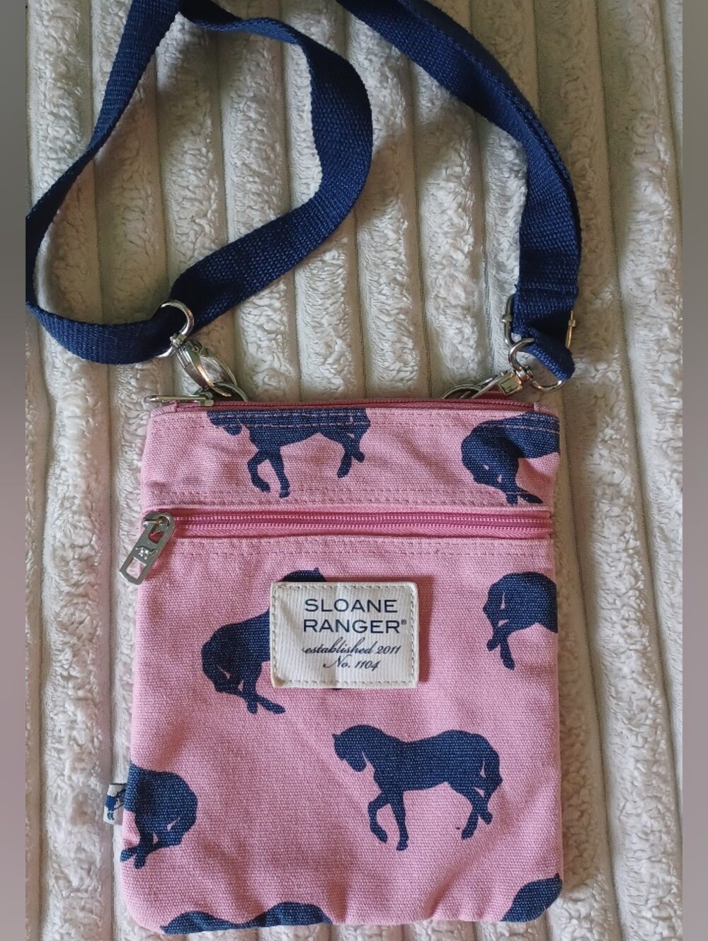 Sloane Ranger Canvas Crossbody Bag – Pink with Navy Blue Horse Print
